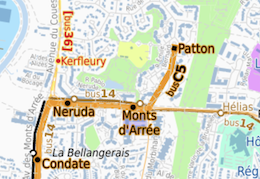 Carte des transports en commun dans et autour de Rennes, Bretagne, extrait avec 3 lignes de bus sur le quartier de la Bellangeraie